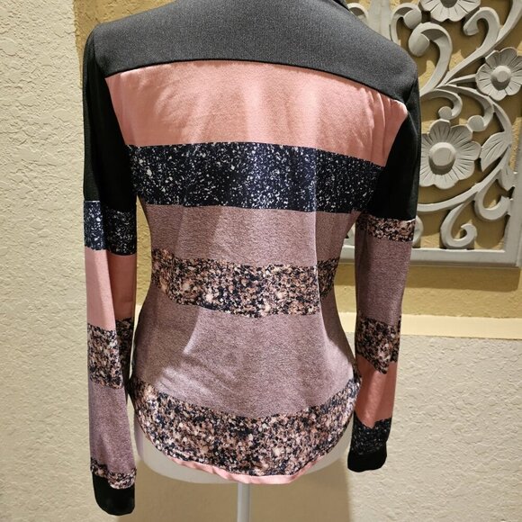 Color block Button-Up Long Sleeve Shirt M Patchwork Disco Boho 90's 70's Trucker - Picture 11 of 12